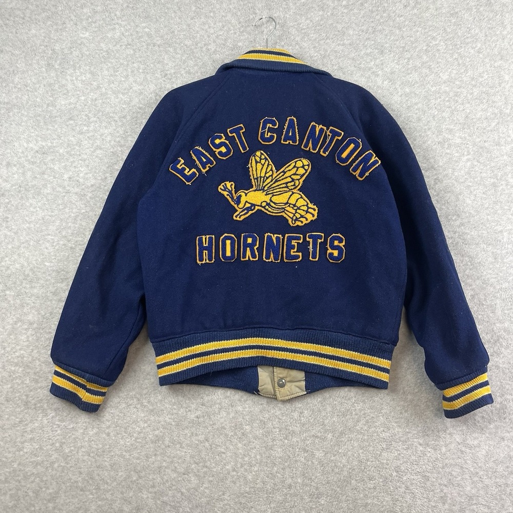 Vintage 60s 70s Varsity Jacket Blue Yellow Hornets Canton OH Bee‎ Wool Men's M